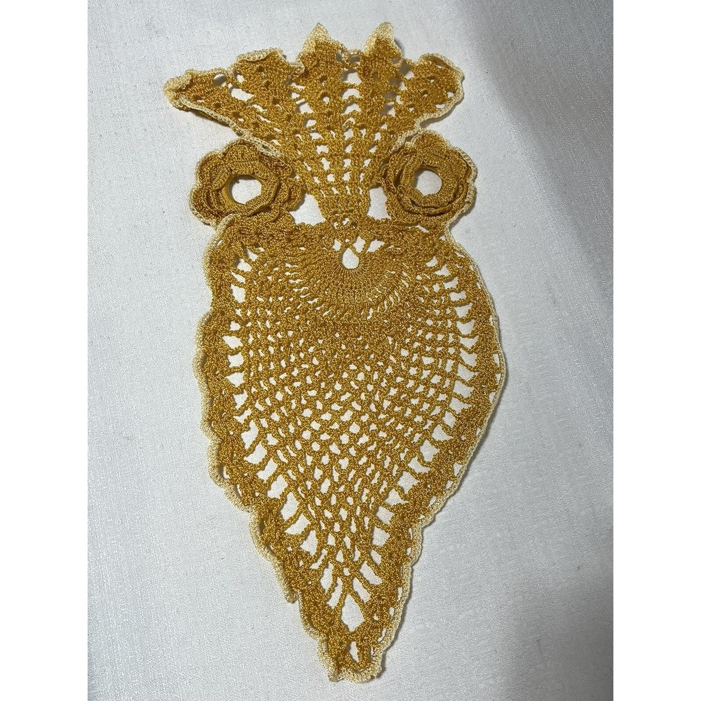 Vintage Owl Hand Crocheted Doily Cotton Gold Yellow MCM